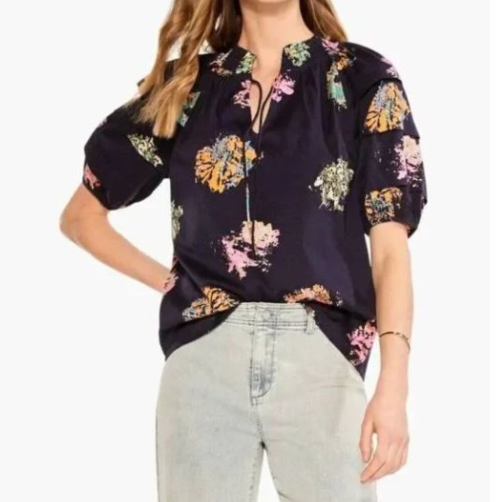 NWT NIC+ZOE Bright Spot Short Puff Sleeve Indigo Multi Color Blouse Size S